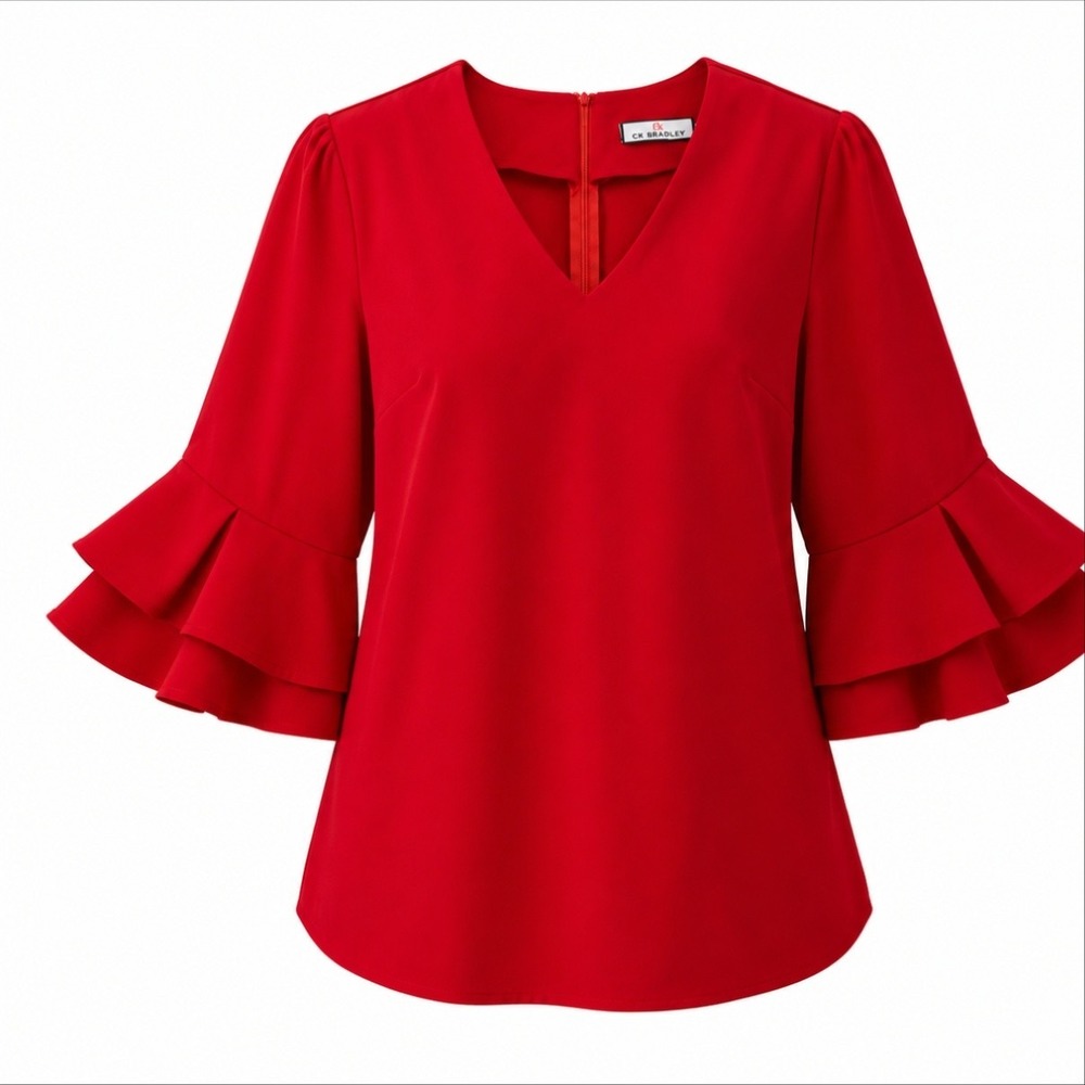 CK Bradley Blouse Womens Large Red Ruffle Bell Sleeve V Neck Knit Zip Back Top